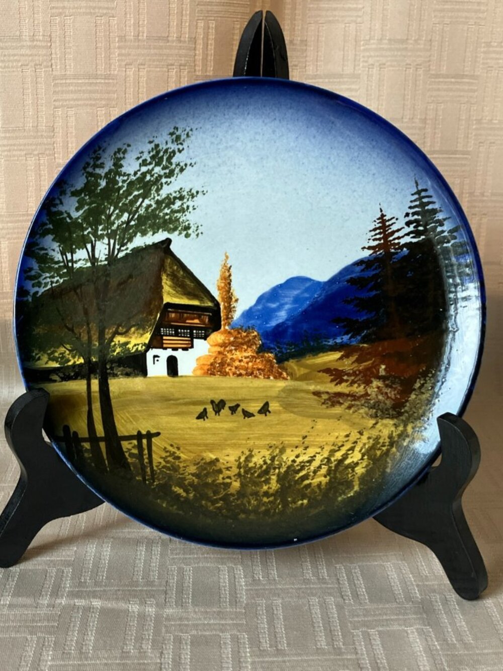 Vintage Bavarian Germany Pottery Plate Handpainted Farm Forest Alps 1950s